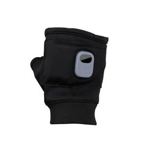 Detail view of the control button on a USB electric heated half-finger winter glove