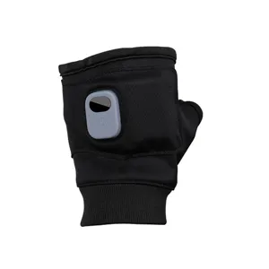 Close-up of the USB charging and power button on black heated winter glove.
