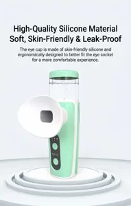 Detail view of the ergonomic silicone eye cup on a mint green misting eye sprayer device
