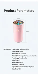Specifiche tecniche per l'umidificatore da tavolo rosa SL808 da 300 ml
