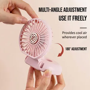Tragbarer pinker Klappventilator mit 180-Grad-verstellbarem Kopf und USB-Ladefunktion