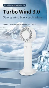 Tragbarer Handventilator mit Turbo-Wind-Technologie und weißem Standfuß-Handyhalter