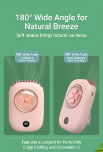 Vue détaillée d'un ventilateur USB portable rose montrant les modes de transport et l'affichage.