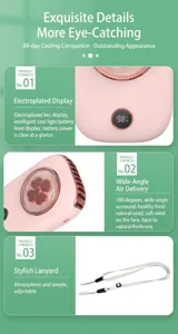 Détails du ventilateur de taille portable avec écran numérique et lanière réglable.