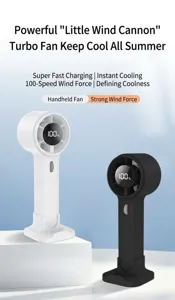 Detail view of two handheld turbo fans with LED battery display in white and black