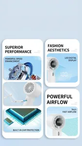 Detail view showcasing 5 core cooling technologies of the SL612 mini handheld fan.
