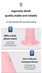 Detail des rosa Mini-Lüfters mit Handyhalterung und Micro-USB-Ladeanschluss