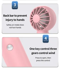 Detailansicht des rosa Handventilators mit Sicherheitsgitter und Ein-Tasten-Bedienung