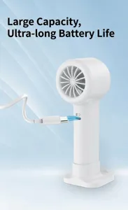 Detail view of portable mini USB fan showing side charging port with cable connected.