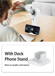 Detail view of white portable mini handheld fan with integrated phone holder base