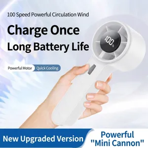 Ergonomic white handheld mini fan featuring integrated LED battery percentage display screen