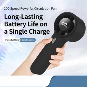 Close-up of black handheld mini fan with digital power display screen