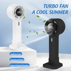 Portable handheld turbine fan featuring digital power display and adjustable scroll wheel