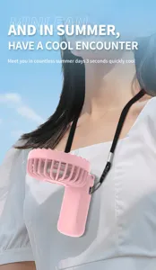 Portable pink mini fan with lanyard for neck-hanging use in summer outdoor