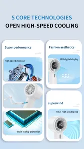 Close-up of SL612 portable mini fan featuring 9m/s wind speed and smart LED power display