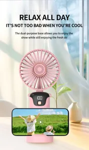 Portable SL618 mini handheld fan featuring battery display and dual-purpose phone holder base.