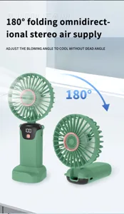 Detail view showing green portable fan with 180-degree folding head and digital display