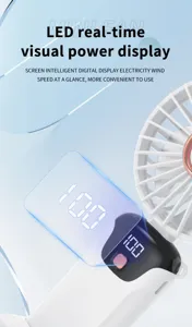 Close-up of white handheld fan showing the smart LED digital real-time power display