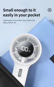 Portable white handheld mini fan with digital LED power display easily fitting into a pocket