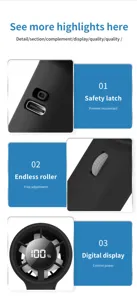 Close-up details of handheld fan featuring safety latch, roller and digital power display
