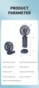 Technical specifications and dimensions of SL618 portable handheld USB fan in navy blue