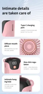Close-up of pink portable handheld fan features including Type-C port and digital power display
