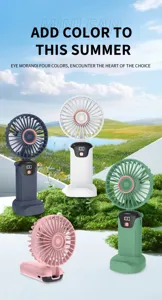 Variety of portable handheld mini USB fans in Morandi colors with digital battery display
