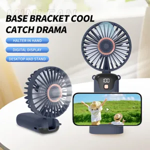 Detail view of navy blue portable handheld fan with phone bracket and digital display