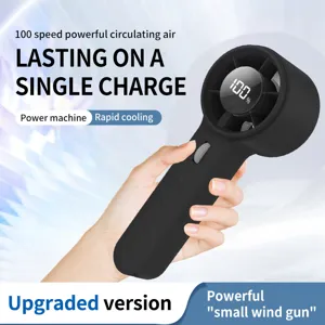 Close-up view of a black portable handheld mini fan with a 100-speed LED digital display