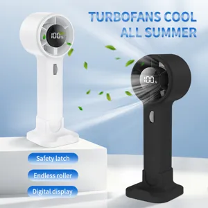 Portable handheld mini fan with digital display and roller adjustment, black and white