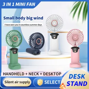 4 colors of 3-in-1 portable mini fans featuring digital battery display and desk stand