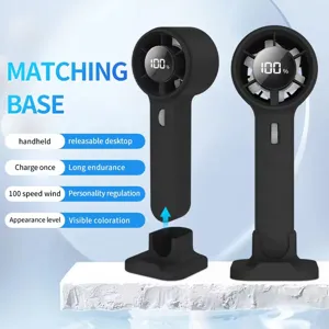 Detailed view of the SL612 handheld mini fan with matching base and LED power display.