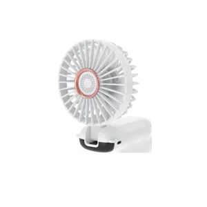 Macro view showing the rose gold hub and protective grill of the white portable USB handheld fan