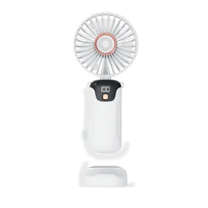 Macro view of white handheld portable USB fan SL618 with LED power display and base