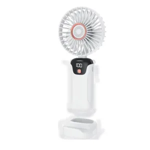 Detailed view of white portable handheld fan SL618 with matching desktop stand