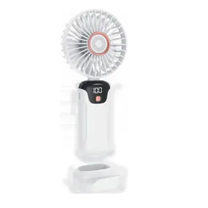 Portable white SL618 handheld USB fan featuring a digital LED battery display and stable base