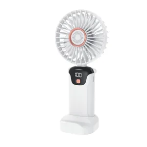 Detailed view of white handheld fan with LED display and rose gold accents