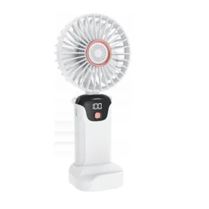 Portable white handheld USB fan featuring a digital battery display and charging base