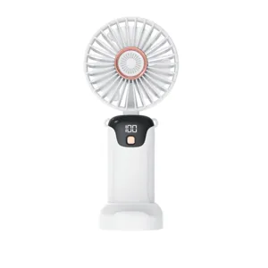 Front view of SL618 white handheld USB fan with rose gold accents and LED display