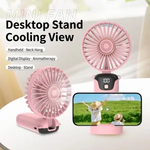 Portable pink mini handheld USB fan featuring digital display and phone stand base