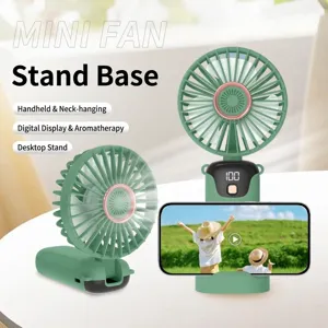 Portable 3-in-1 handheld mini fan with mobile phone holder, digital display and green finish