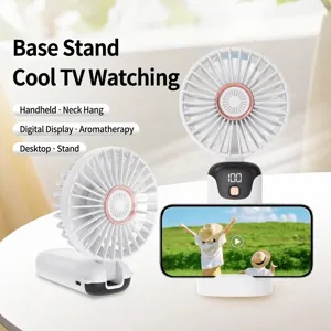 Portable white handheld USB fan with phone stand and digital display, SL618 model