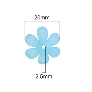 Detail view of 20mm frosted light blue six-petal acrylic flower with 2.5mm hole size.