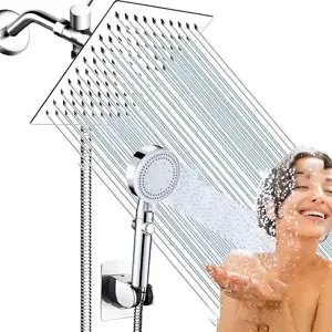 Luxury square rainfall shower head combo with 5-function handheld sprayer in use