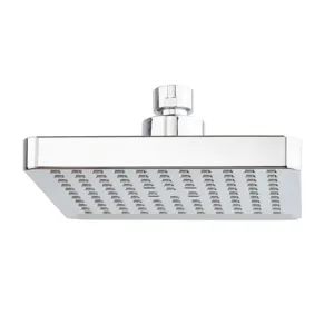 Detailed view of a 6-inch square chrome-finished rainfall shower head with nozzles.