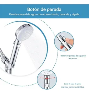 Handheld shower head with stop button and 5 spray modes in chrome finish details