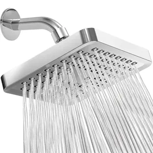 Detailed close-up of a 6-inch square rainfall shower head with powerful chrome spray