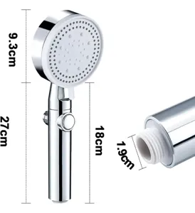 Chrome handheld shower head with switch and detailed dimension specifications
