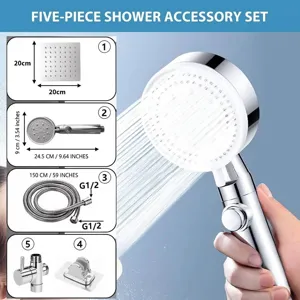 5-piece square rainfall shower head and handheld spray set with dimension details
