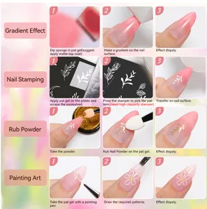 4-step nail art tutorial showing gradient, stamping, rub powder and painting effects